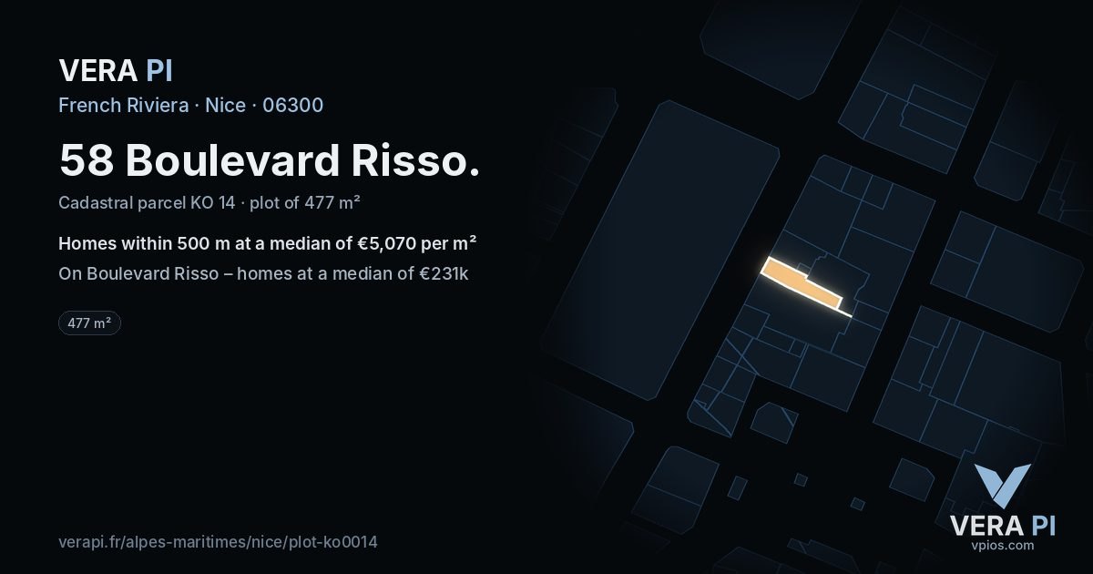 58 Boulevard Risso, Nice at night – the plot lit, the parcels around coloured by the prices near them