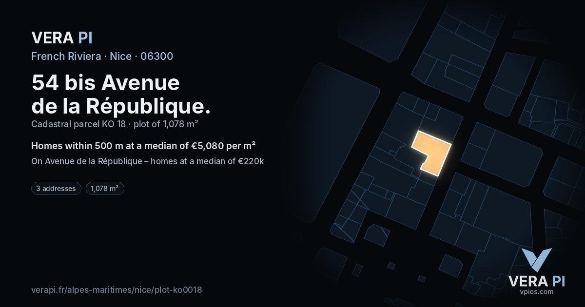 54 bis Avenue de la République, Nice at night – the plot lit, the parcels around coloured by the prices near them