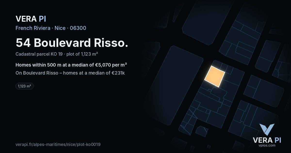 54 Boulevard Risso, Nice at night – the plot lit, the parcels around coloured by the prices near them