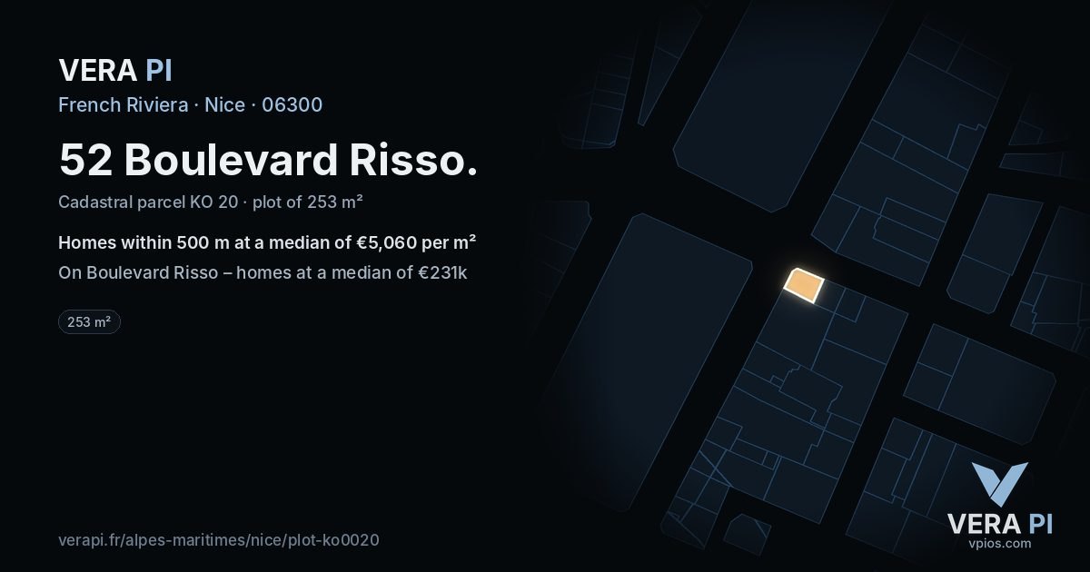 52 Boulevard Risso, Nice at night – the plot lit, the parcels around coloured by the prices near them