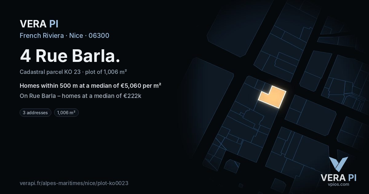 4 Rue Barla, Nice at night – the plot lit, the parcels around coloured by the prices near them