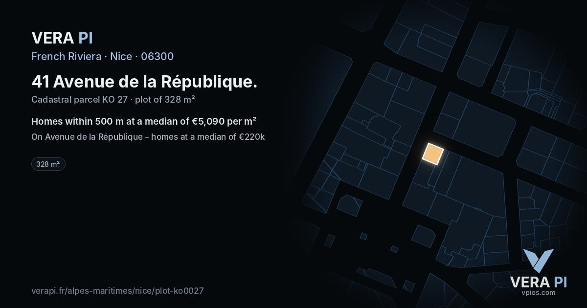 41 Avenue de la République, Nice at night – the plot lit, the parcels around coloured by the prices near them