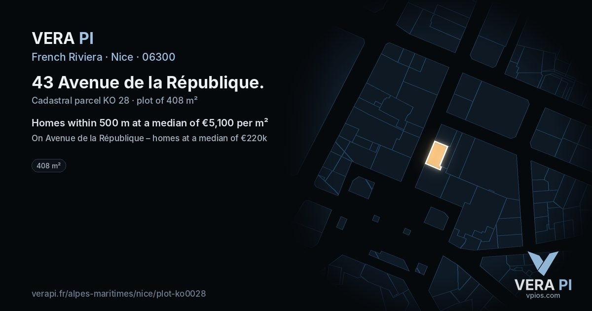 43 Avenue de la République, Nice at night – the plot lit, the parcels around coloured by the prices near them