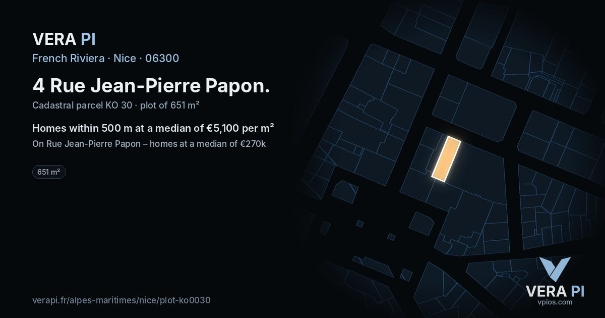 4 Rue Jean-Pierre Papon, Nice at night – the plot lit, the parcels around coloured by the prices near them