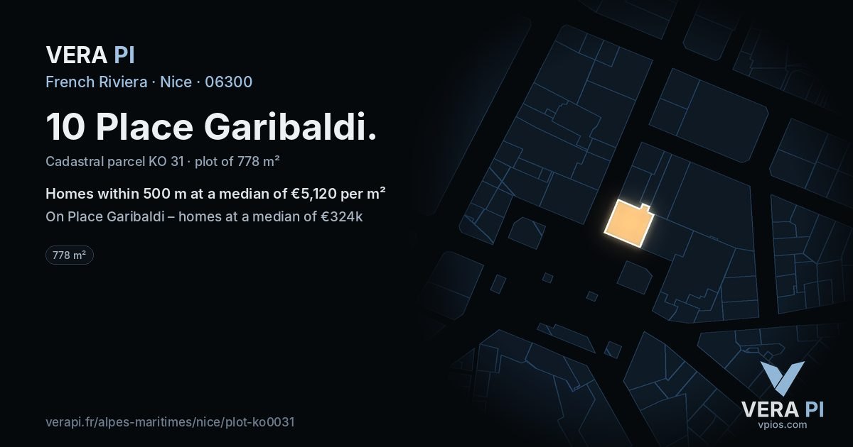10 Place Garibaldi, Nice at night – the plot lit, the parcels around coloured by the prices near them