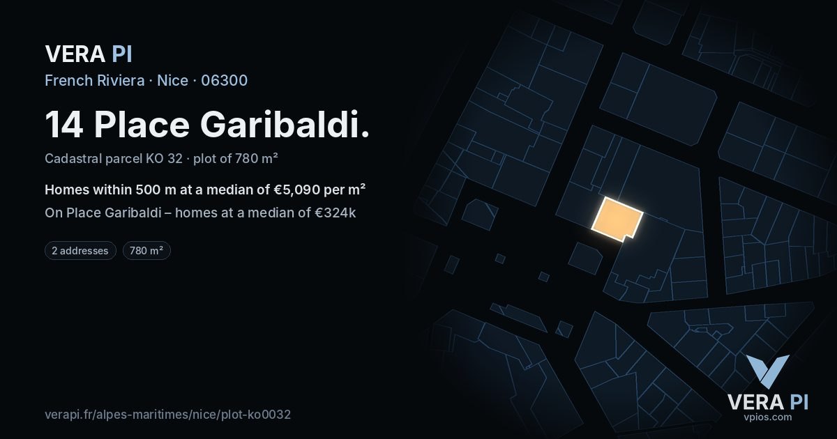 14 Place Garibaldi, Nice at night – the plot lit, the parcels around coloured by the prices near them