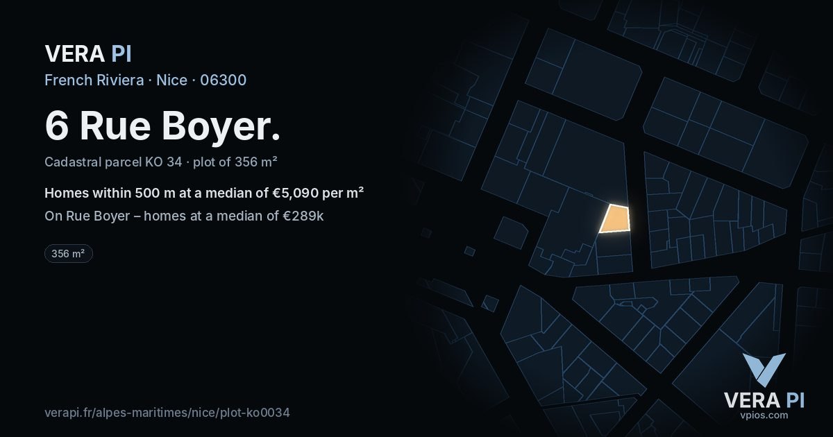 6 Rue Boyer, Nice at night – the plot lit, the parcels around coloured by the prices near them