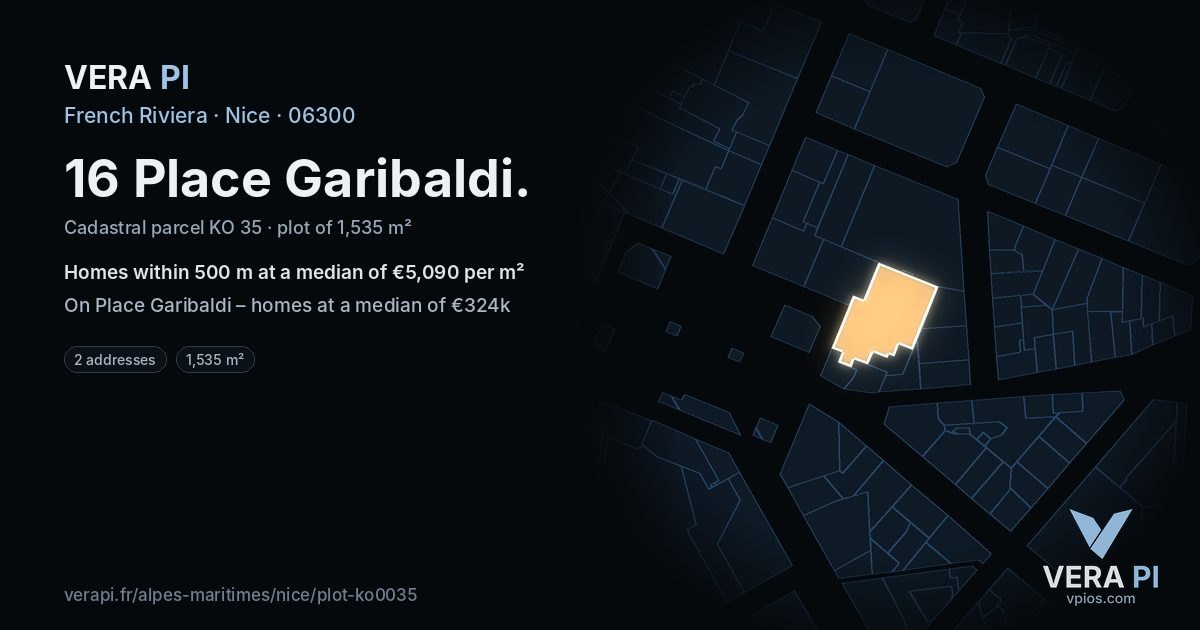 16 Place Garibaldi, Nice at night – the plot lit, the parcels around coloured by the prices near them