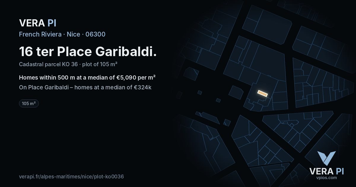 16 ter Place Garibaldi, Nice at night – the plot lit, the parcels around coloured by the prices near them