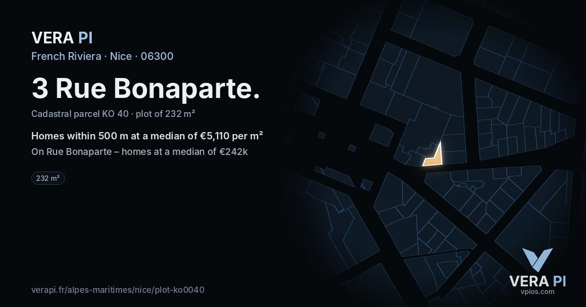 3 Rue Bonaparte, Nice at night – the plot lit, the parcels around coloured by the prices near them