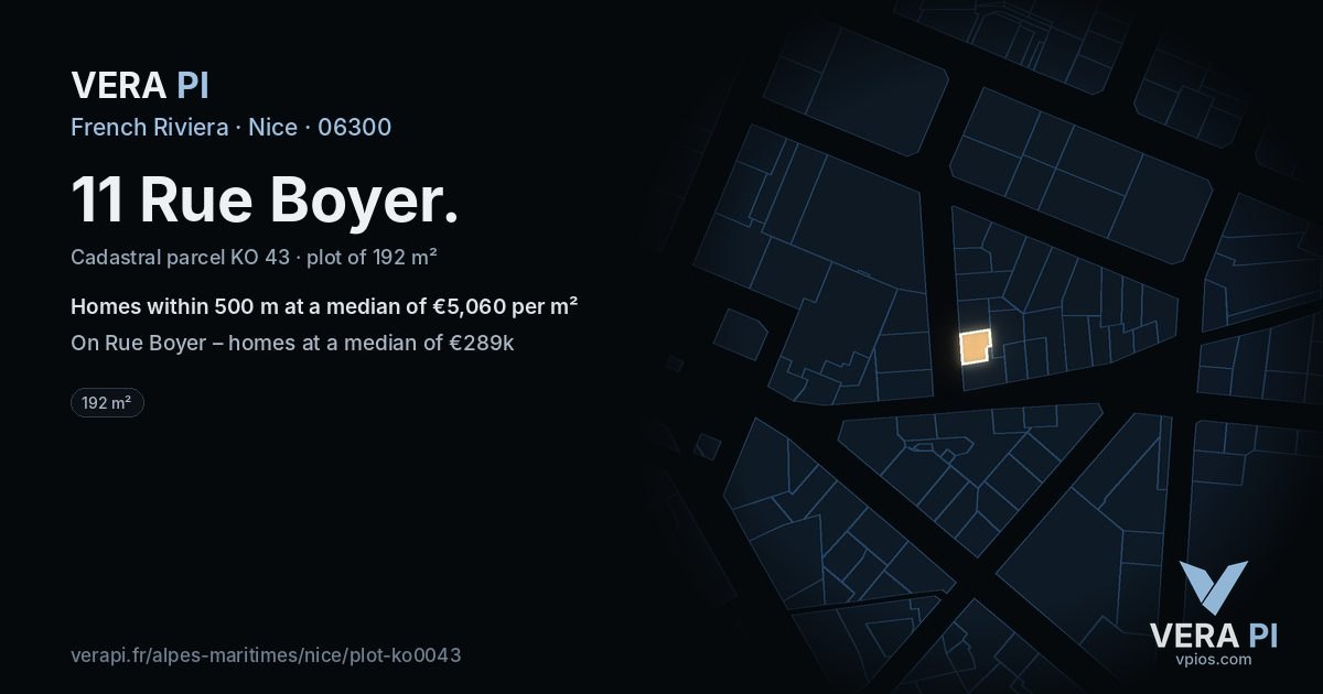 11 Rue Boyer, Nice at night – the plot lit, the parcels around coloured by the prices near them