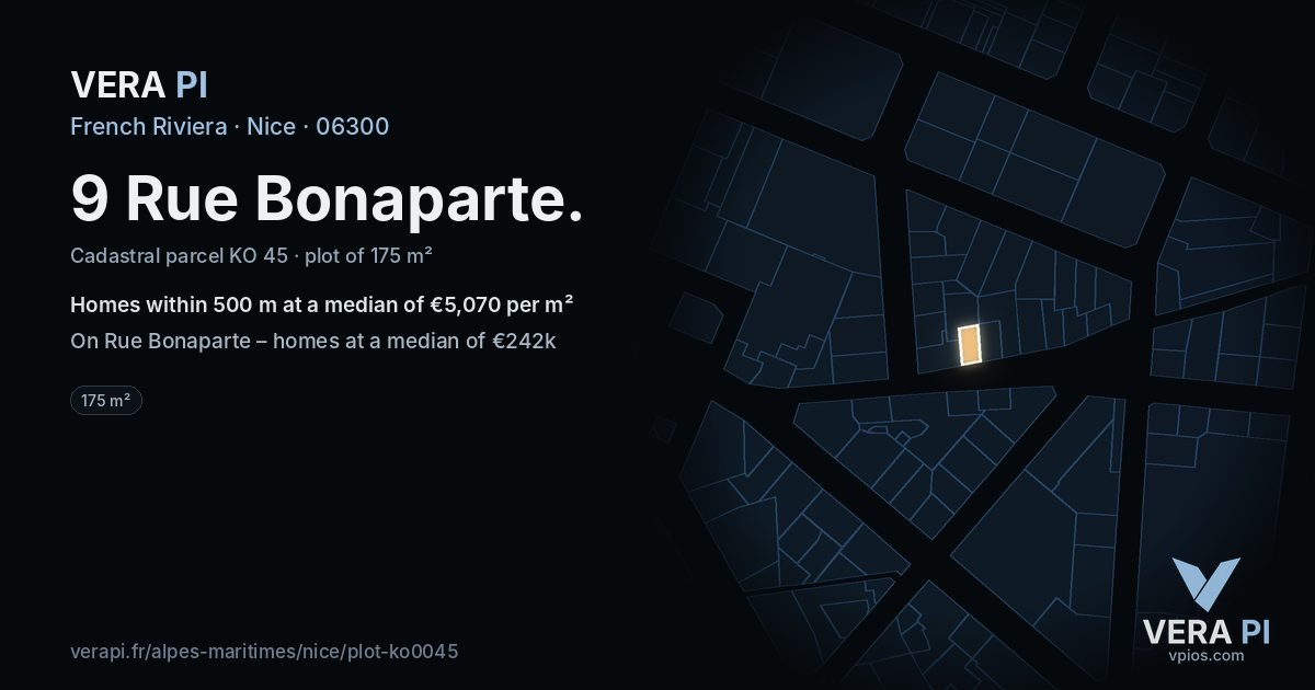 9 Rue Bonaparte, Nice at night – the plot lit, the parcels around coloured by the prices near them