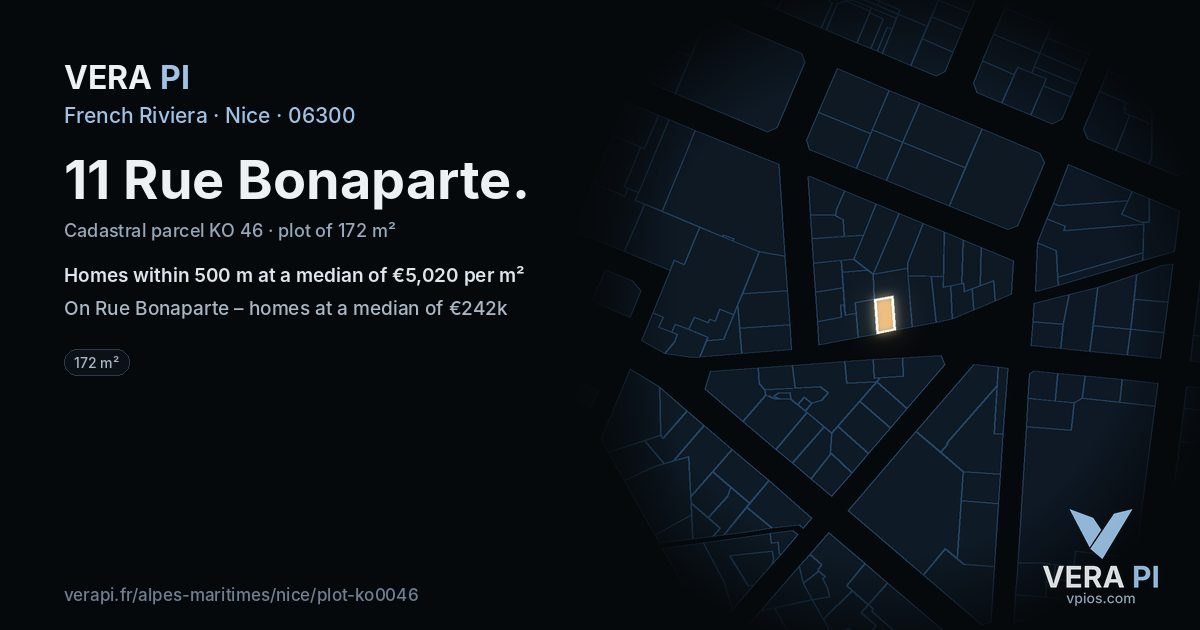 11 Rue Bonaparte, Nice at night – the plot lit, the parcels around coloured by the prices near them
