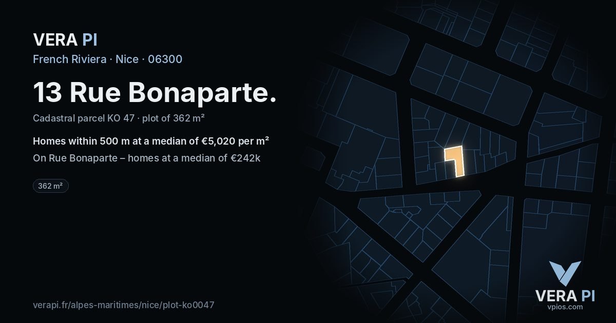 13 Rue Bonaparte, Nice at night – the plot lit, the parcels around coloured by the prices near them