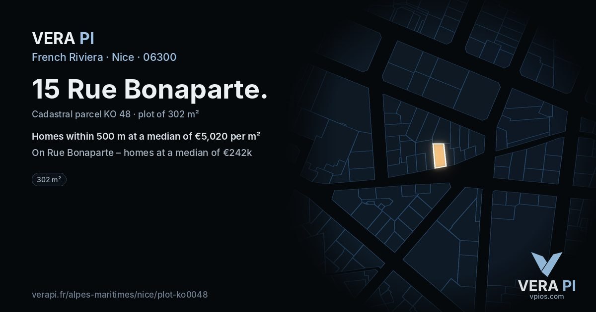 15 Rue Bonaparte, Nice at night – the plot lit, the parcels around coloured by the prices near them