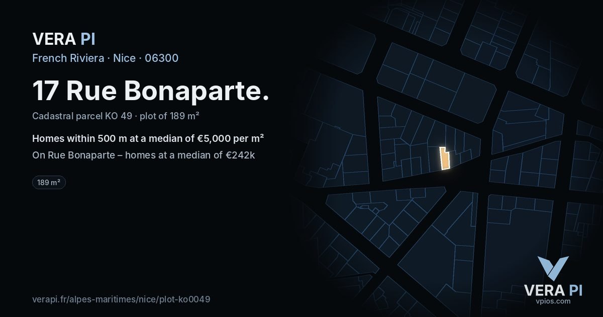 17 Rue Bonaparte, Nice at night – the plot lit, the parcels around coloured by the prices near them