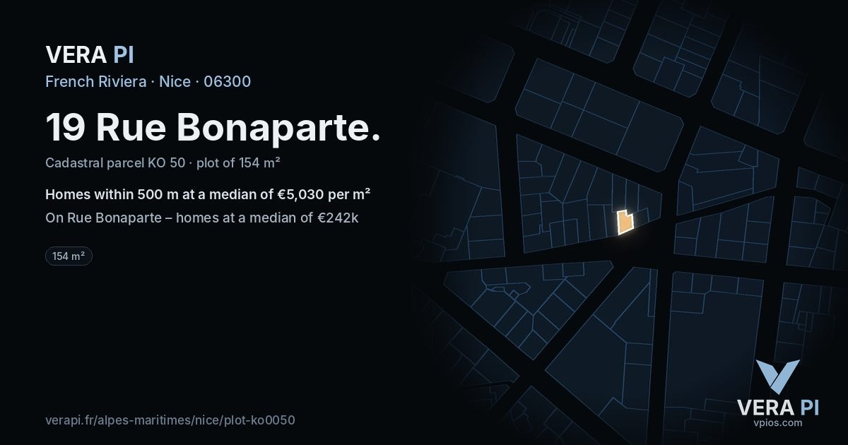 19 Rue Bonaparte, Nice at night – the plot lit, the parcels around coloured by the prices near them