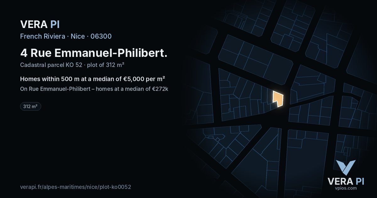 4 Rue Emmanuel-Philibert, Nice at night – the plot lit, the parcels around coloured by the prices near them