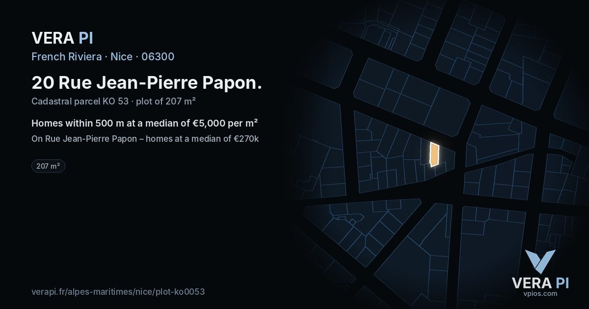 20 Rue Jean-Pierre Papon, Nice at night – the plot lit, the parcels around coloured by the prices near them