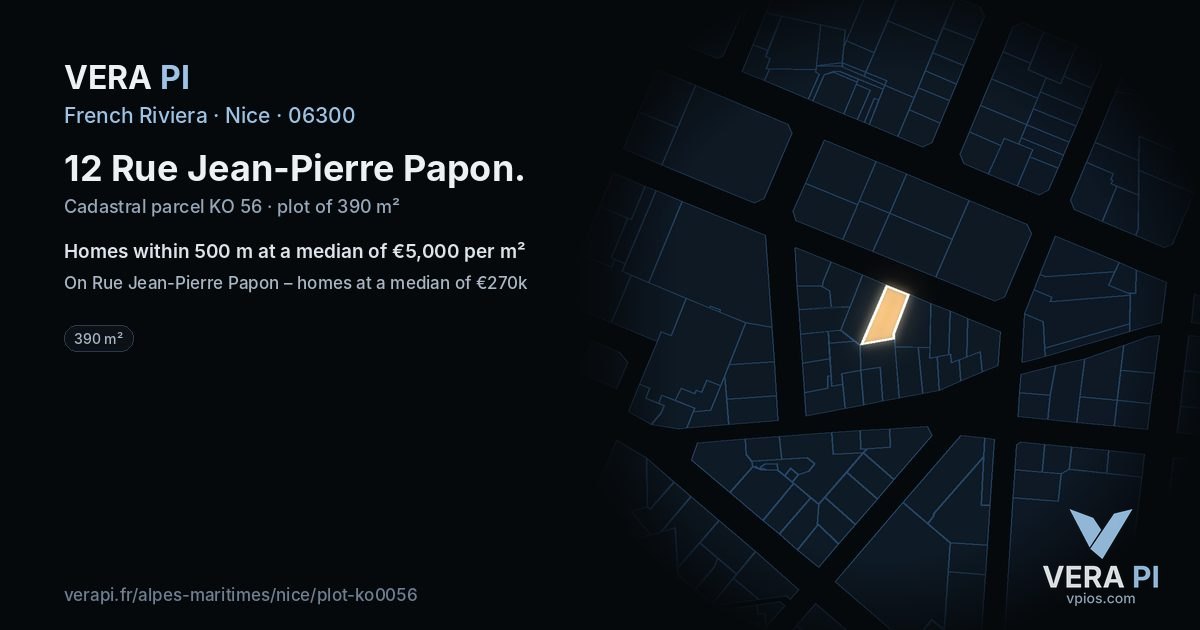 12 Rue Jean-Pierre Papon, Nice at night – the plot lit, the parcels around coloured by the prices near them