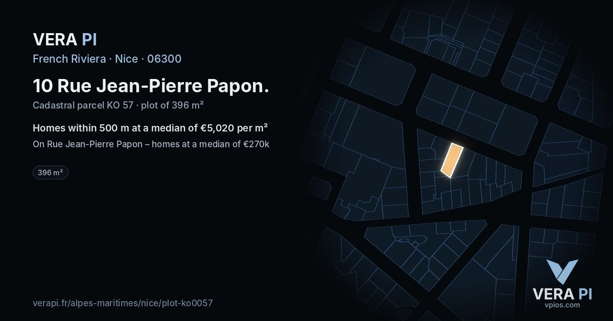 10 Rue Jean-Pierre Papon, Nice at night – the plot lit, the parcels around coloured by the prices near them