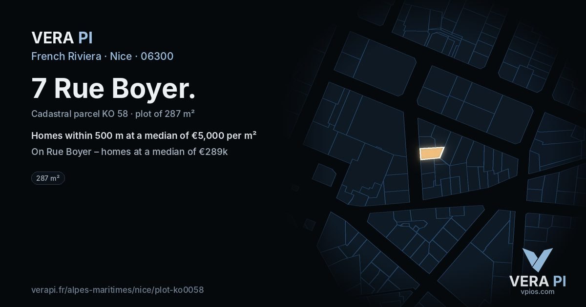 7 Rue Boyer, Nice at night – the plot lit, the parcels around coloured by the prices near them