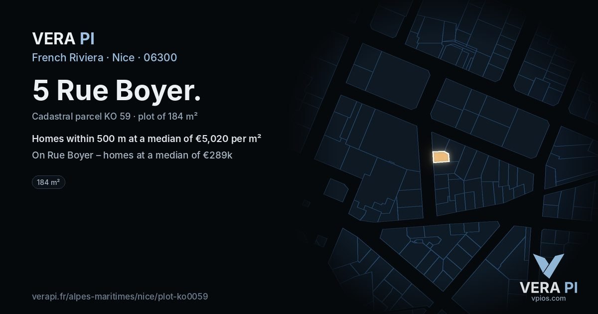 5 Rue Boyer, Nice at night – the plot lit, the parcels around coloured by the prices near them