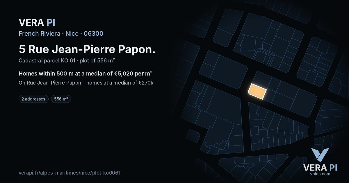 5 Rue Jean-Pierre Papon, Nice at night – the plot lit, the parcels around coloured by the prices near them