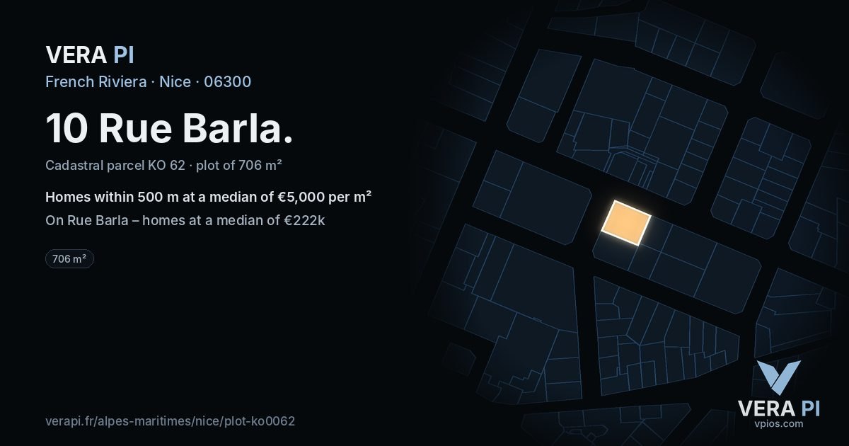 10 Rue Barla, Nice at night – the plot lit, the parcels around coloured by the prices near them