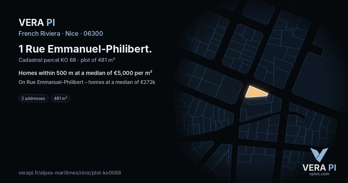 1 Rue Emmanuel-Philibert, Nice at night – the plot lit, the parcels around coloured by the prices near them