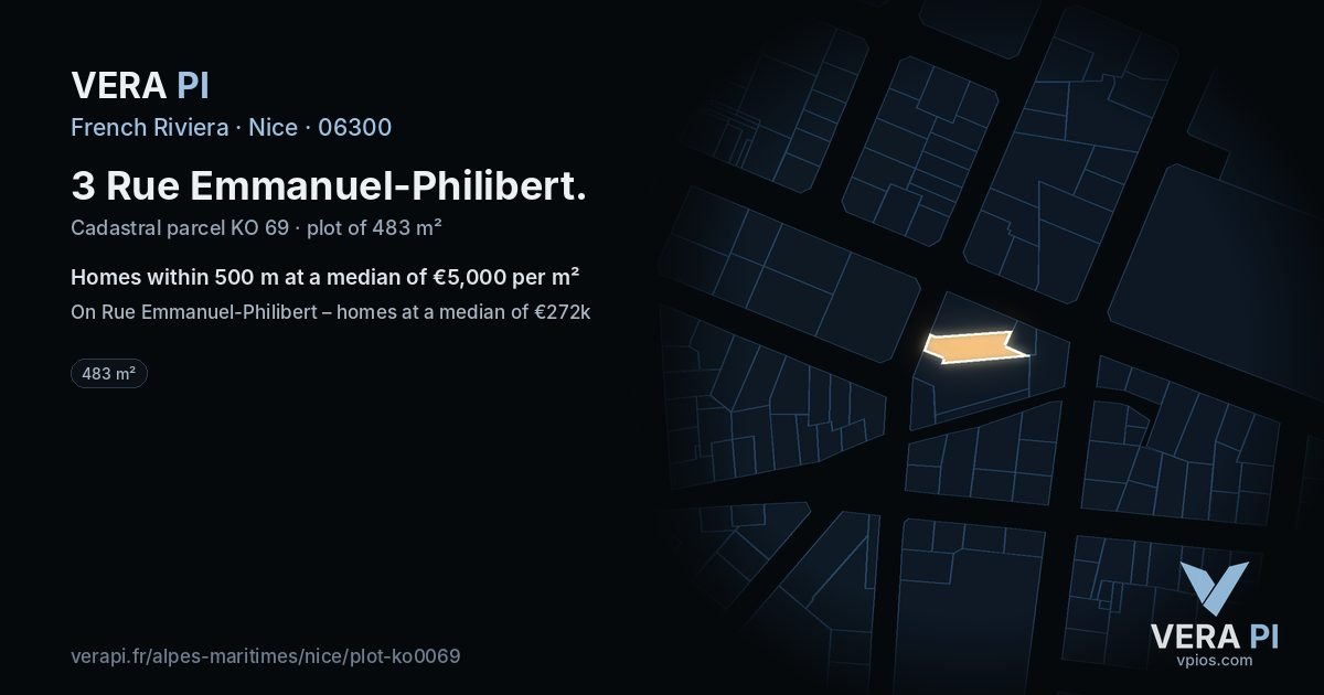 3 Rue Emmanuel-Philibert, Nice at night – the plot lit, the parcels around coloured by the prices near them