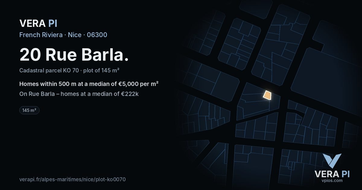 20 Rue Barla, Nice at night – the plot lit, the parcels around coloured by the prices near them