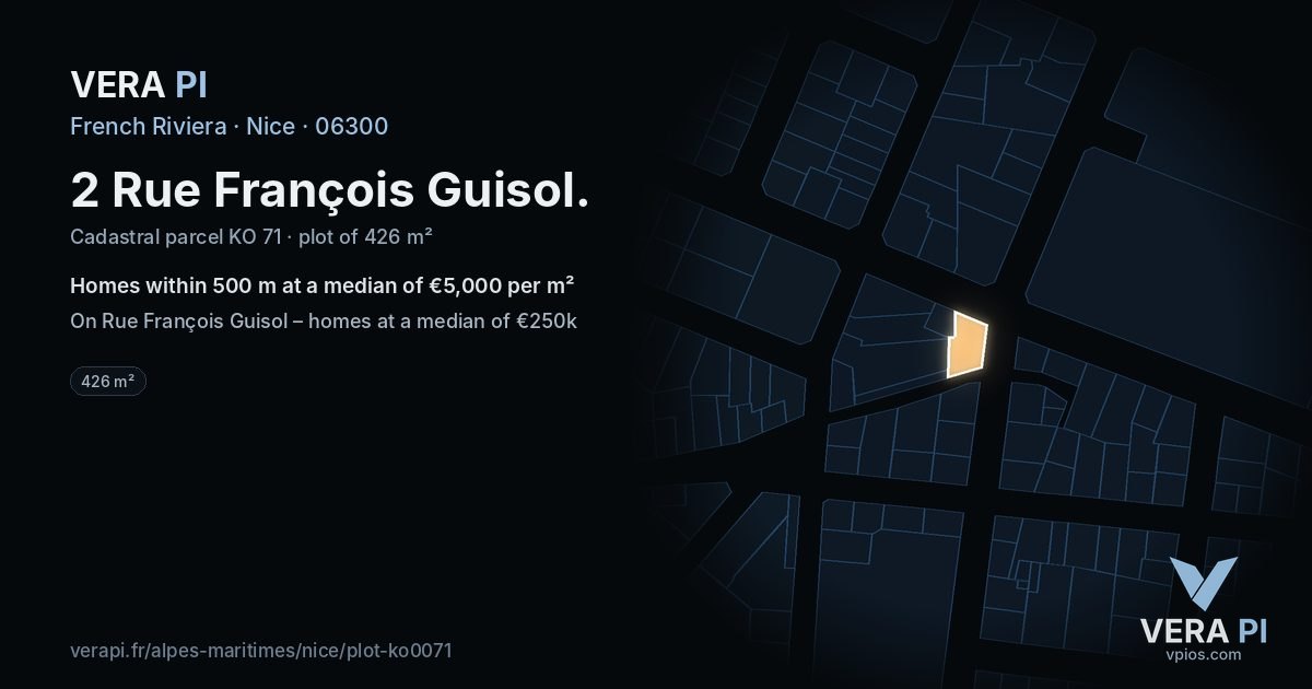 2 Rue François Guisol, Nice at night – the plot lit, the parcels around coloured by the prices near them
