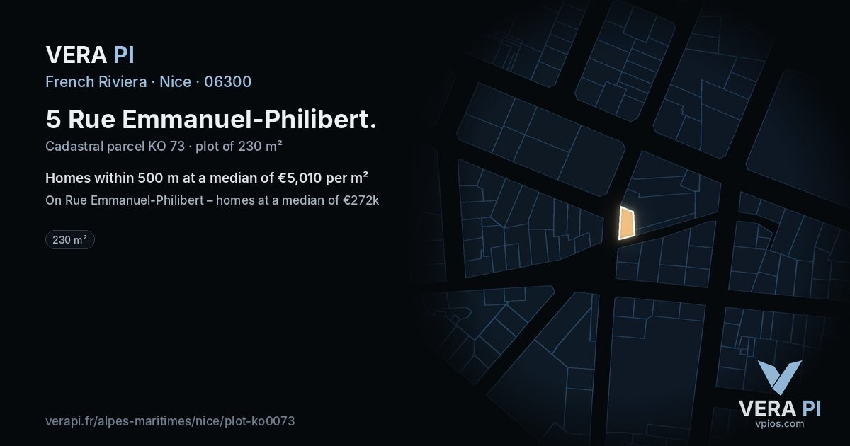 5 Rue Emmanuel-Philibert, Nice at night – the plot lit, the parcels around coloured by the prices near them