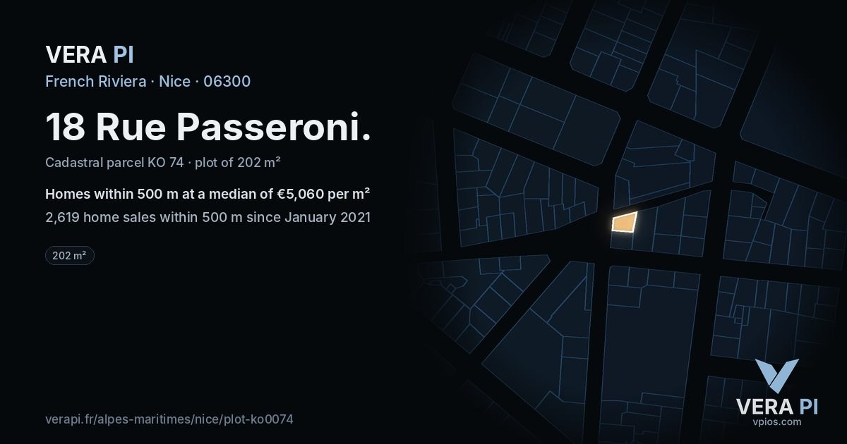 18 Rue Passeroni, Nice at night – the plot lit, the parcels around coloured by the prices near them
