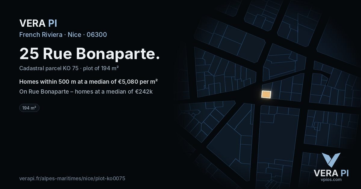 25 Rue Bonaparte, Nice at night – the plot lit, the parcels around coloured by the prices near them