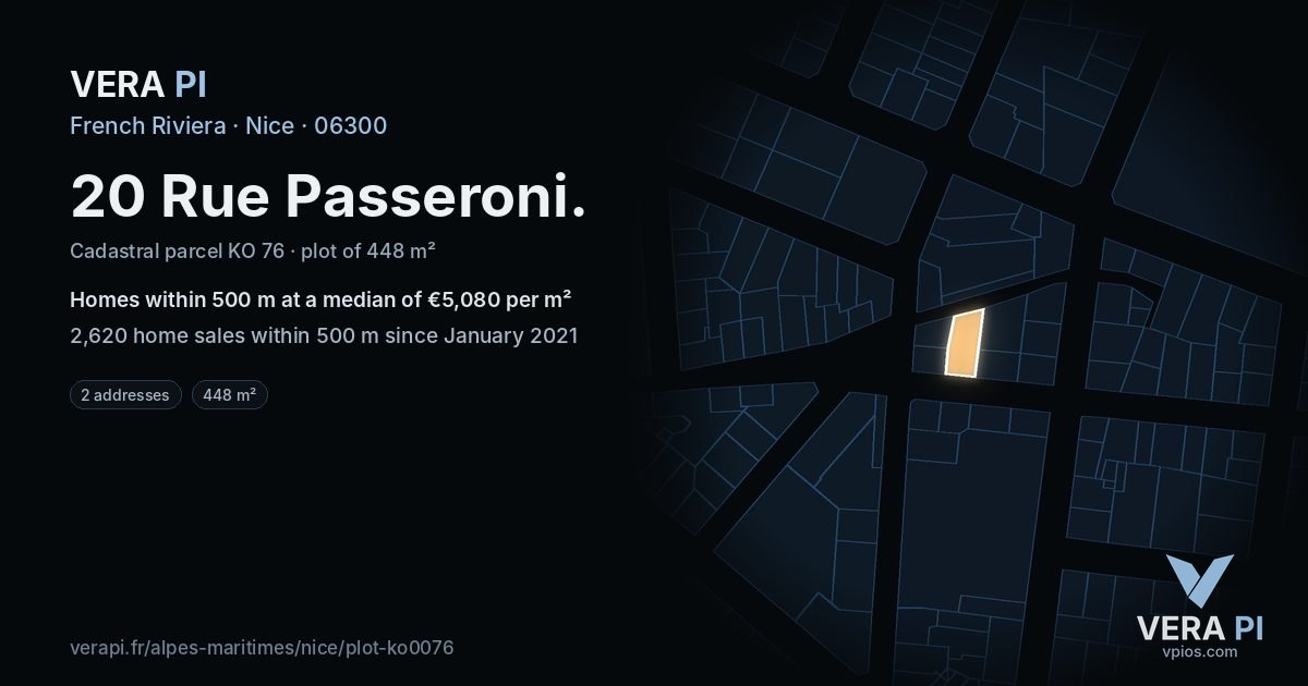 20 Rue Passeroni, Nice at night – the plot lit, the parcels around coloured by the prices near them
