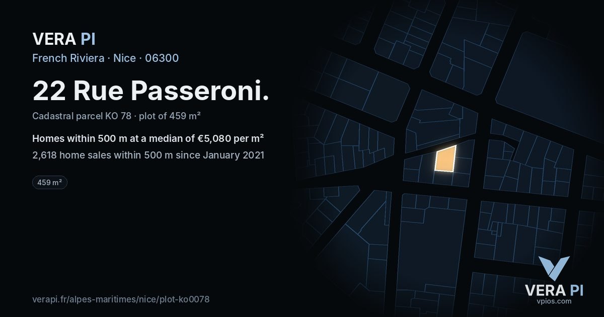 22 Rue Passeroni, Nice at night – the plot lit, the parcels around coloured by the prices near them