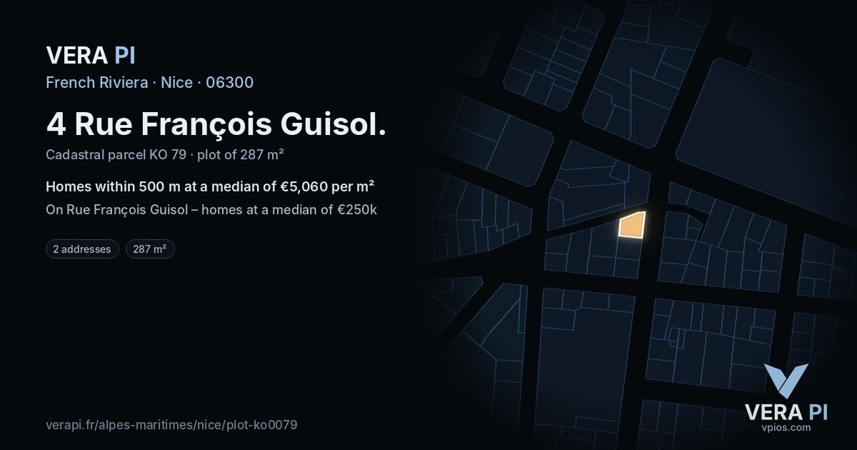 4 Rue François Guisol, Nice at night – the plot lit, the parcels around coloured by the prices near them