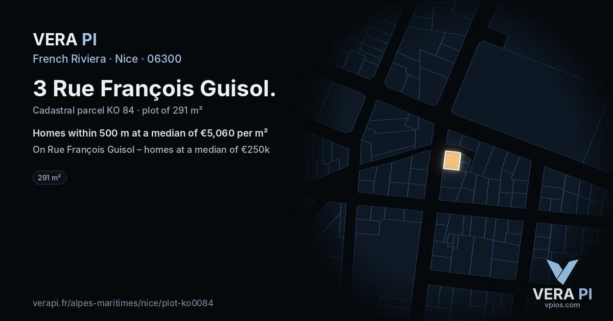 3 Rue François Guisol, Nice at night – the plot lit, the parcels around coloured by the prices near them