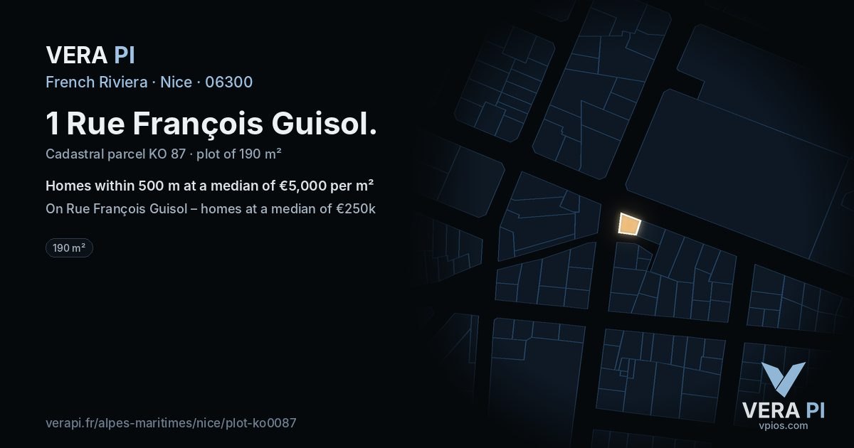 1 Rue François Guisol, Nice at night – the plot lit, the parcels around coloured by the prices near them