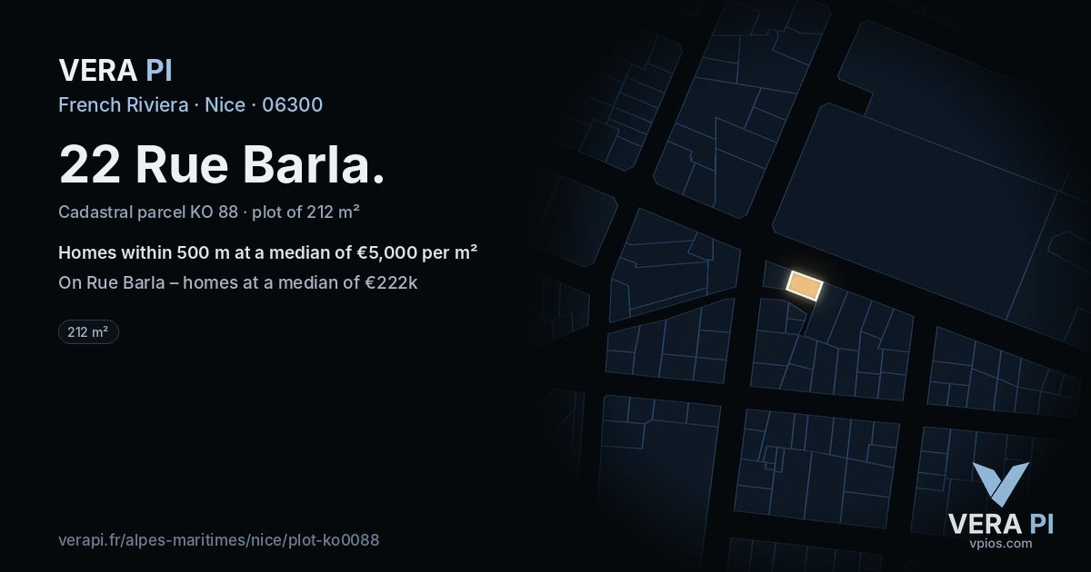 22 Rue Barla, Nice at night – the plot lit, the parcels around coloured by the prices near them