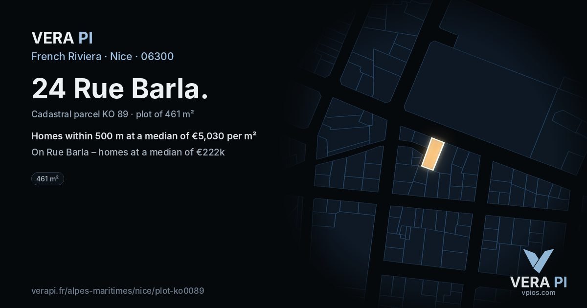 24 Rue Barla, Nice at night – the plot lit, the parcels around coloured by the prices near them