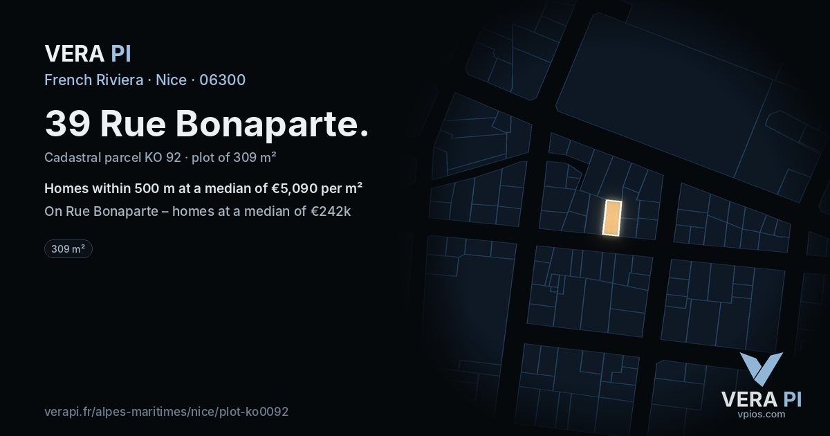 39 Rue Bonaparte, Nice at night – the plot lit, the parcels around coloured by the prices near them