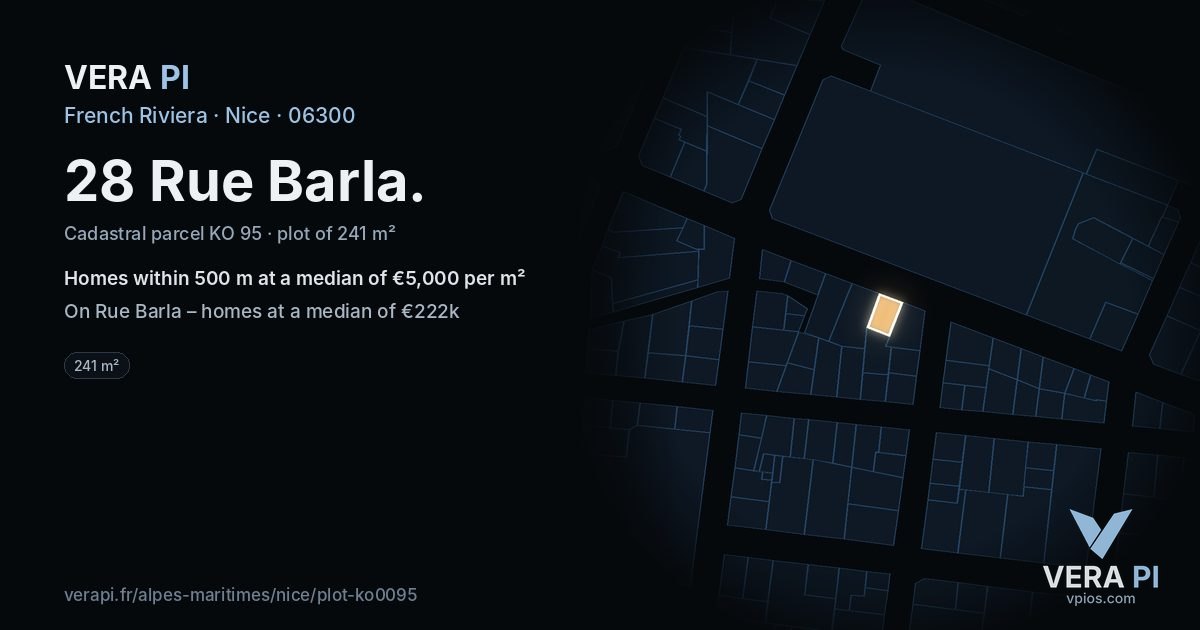 28 Rue Barla, Nice at night – the plot lit, the parcels around coloured by the prices near them