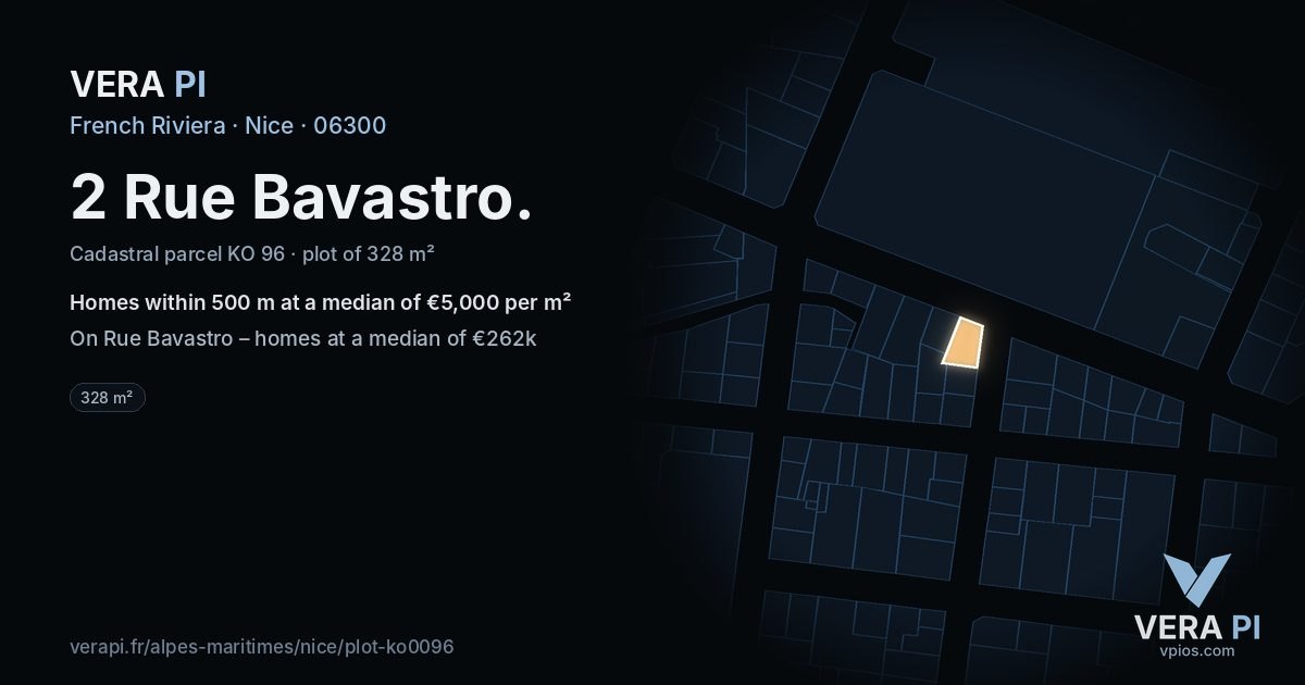 2 Rue Bavastro, Nice at night – the plot lit, the parcels around coloured by the prices near them