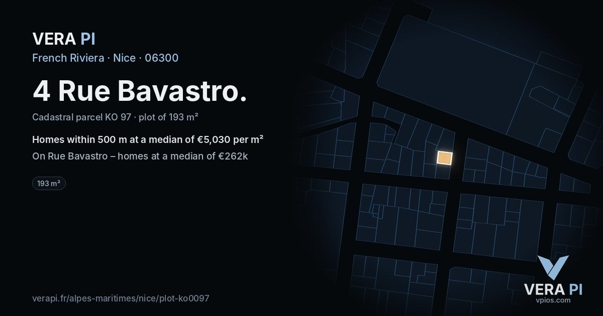 4 Rue Bavastro, Nice at night – the plot lit, the parcels around coloured by the prices near them