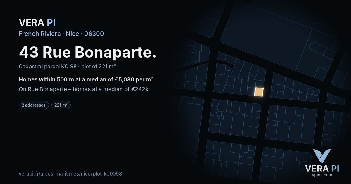 43 Rue Bonaparte, Nice at night – the plot lit, the parcels around coloured by the prices near them