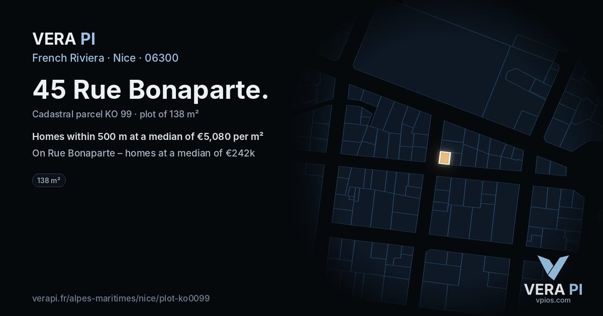 45 Rue Bonaparte, Nice at night – the plot lit, the parcels around coloured by the prices near them