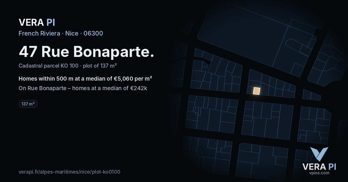 47 Rue Bonaparte, Nice at night – the plot lit, the parcels around coloured by the prices near them